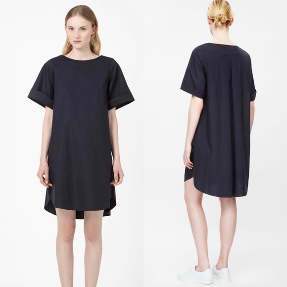 COS Modern Pleated Back Cotton Navy Dress Relaxed Minimalist Quiet Luxury,Small - Picture 1 of 14